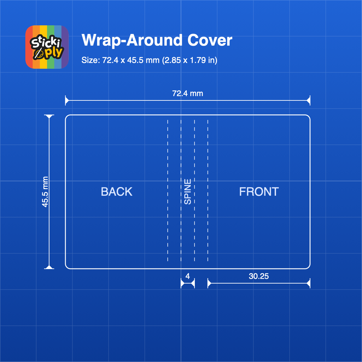 Book keyring cover template blueprint: wrap-around cover 72.4 x 45.5 mm with 4 mm spine