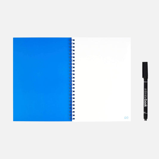 Infinitebook Plain A5 Blue reusable notebook open on a plain page spread