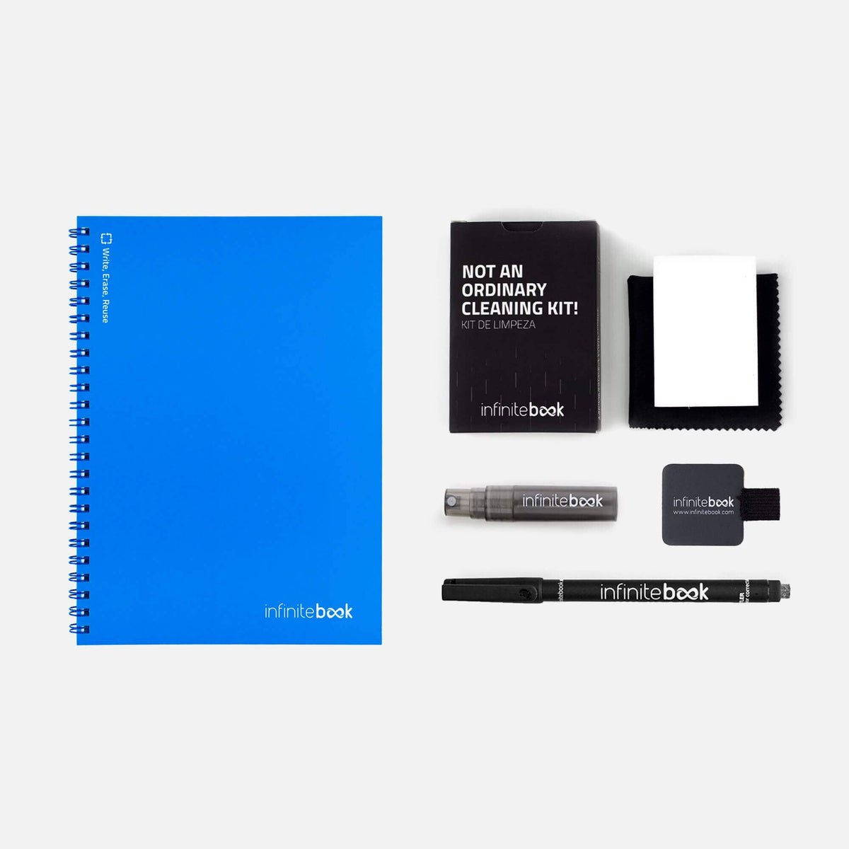 Infinitebook Plain A5 Blue starter kit: notebook, 0.6 mm black marker, cleaning kit with cloth, sponge and spray bottle, stick-on pen holder