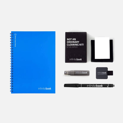 Infinitebook Plain A5 Blue starter kit: notebook, 0.6 mm black marker, cleaning kit with cloth, sponge and spray bottle, stick-on pen holder