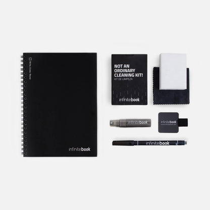 Infinitebook Dotted A5 Black starter kit: notebook, 0.6 mm black marker, cleaning kit with cloth, sponge and spray bottle, stick-on pen holder