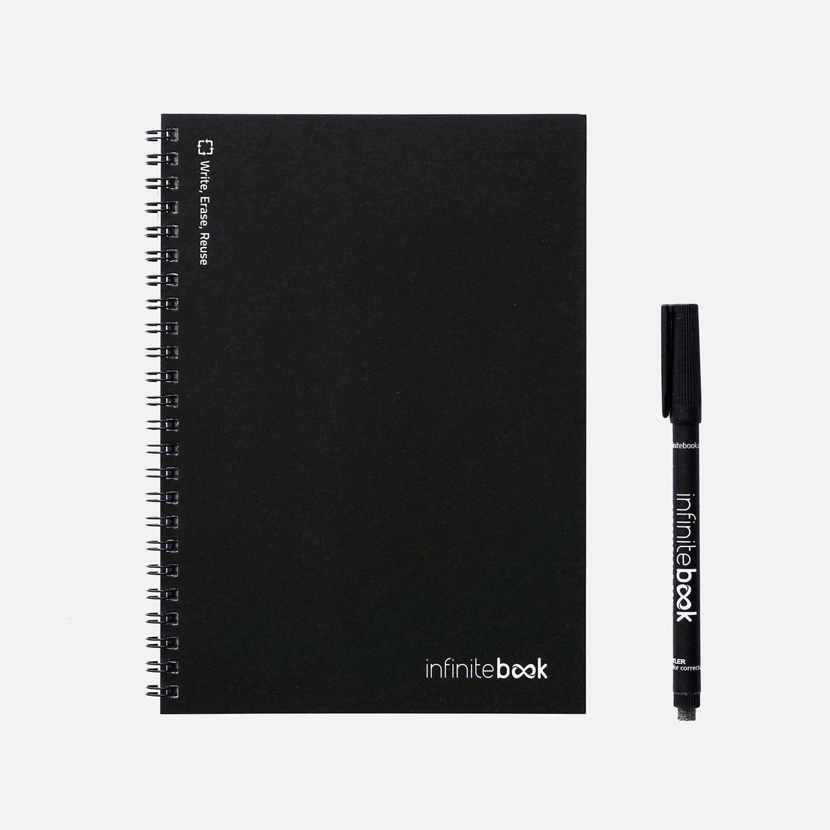Infinitebook Dotted A5 Black reusable notebook, front cover with wire binding