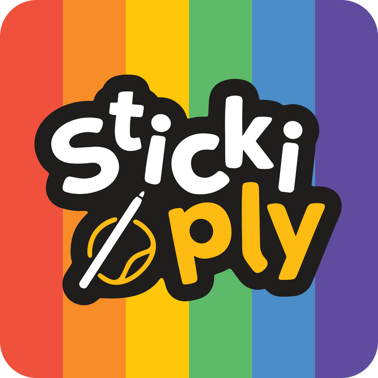 Logo of 'Sticki Ply' with colorful stripes in the background