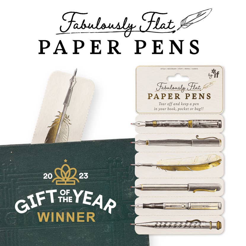 Fabulously Flat Paper Pens by IF, the card of six pens leaning on a green book with the feather pen as a bookmark, Gift of the Year 2023 winner