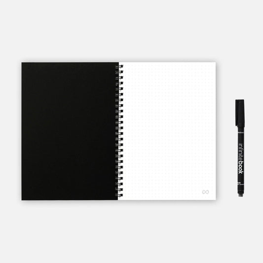 Infinitebook Dotted A5 Black reusable notebook open on a dotted page spread