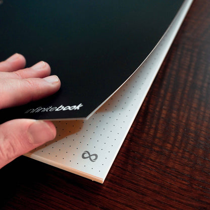 Hand lifting the black cover of an Infinitebook Dotted A5 to show the dotted erasable page