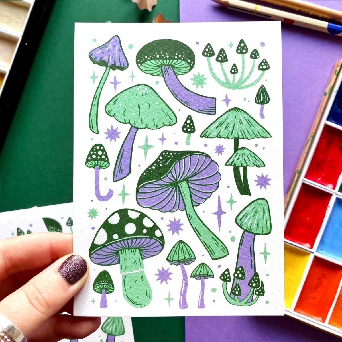Green and Lilac Mushroom | Postcard - Stickiply