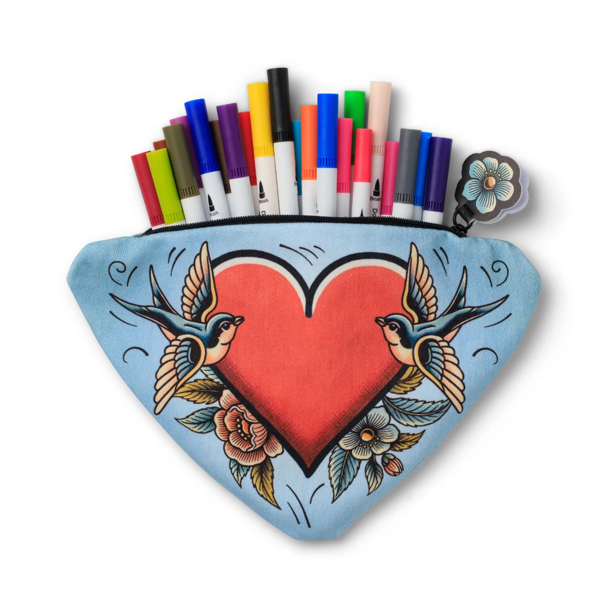 Eclectionery Heart pencil case open with pens and pencils inside