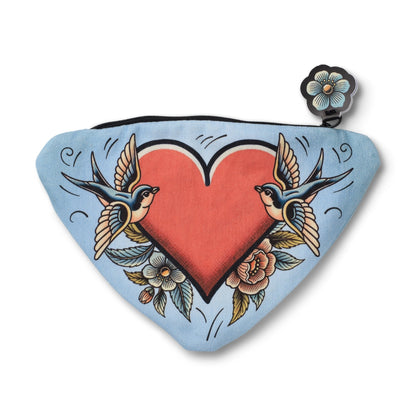 Eclectionery Heart pencil case by IF, red heart with swallows and roses on pale blue