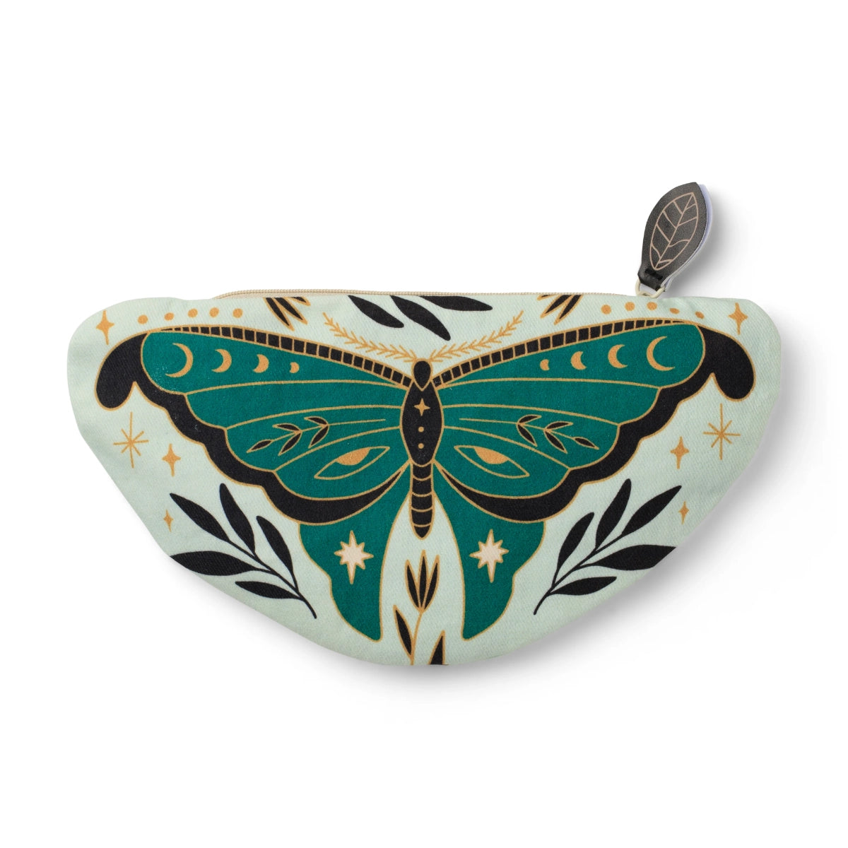 Eclectionery Moth pencil case by IF, green moth print on a cream half-moon case with a leaf zip pull