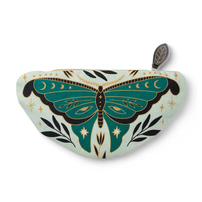 Eclectionery Moth pencil case by IF, green moth print on a cream half-moon case with a leaf zip pull