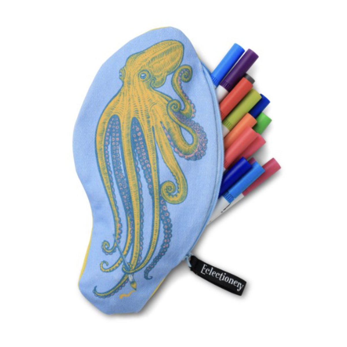 Eclectionery Octopus pencil case open with pens and pencils inside