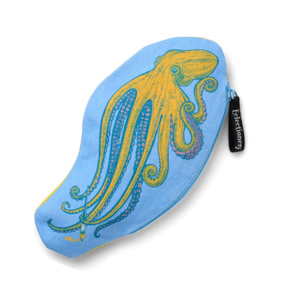 Eclectionery Octopus pencil case by IF, blue octopus on yellow with a ribbon zip pull