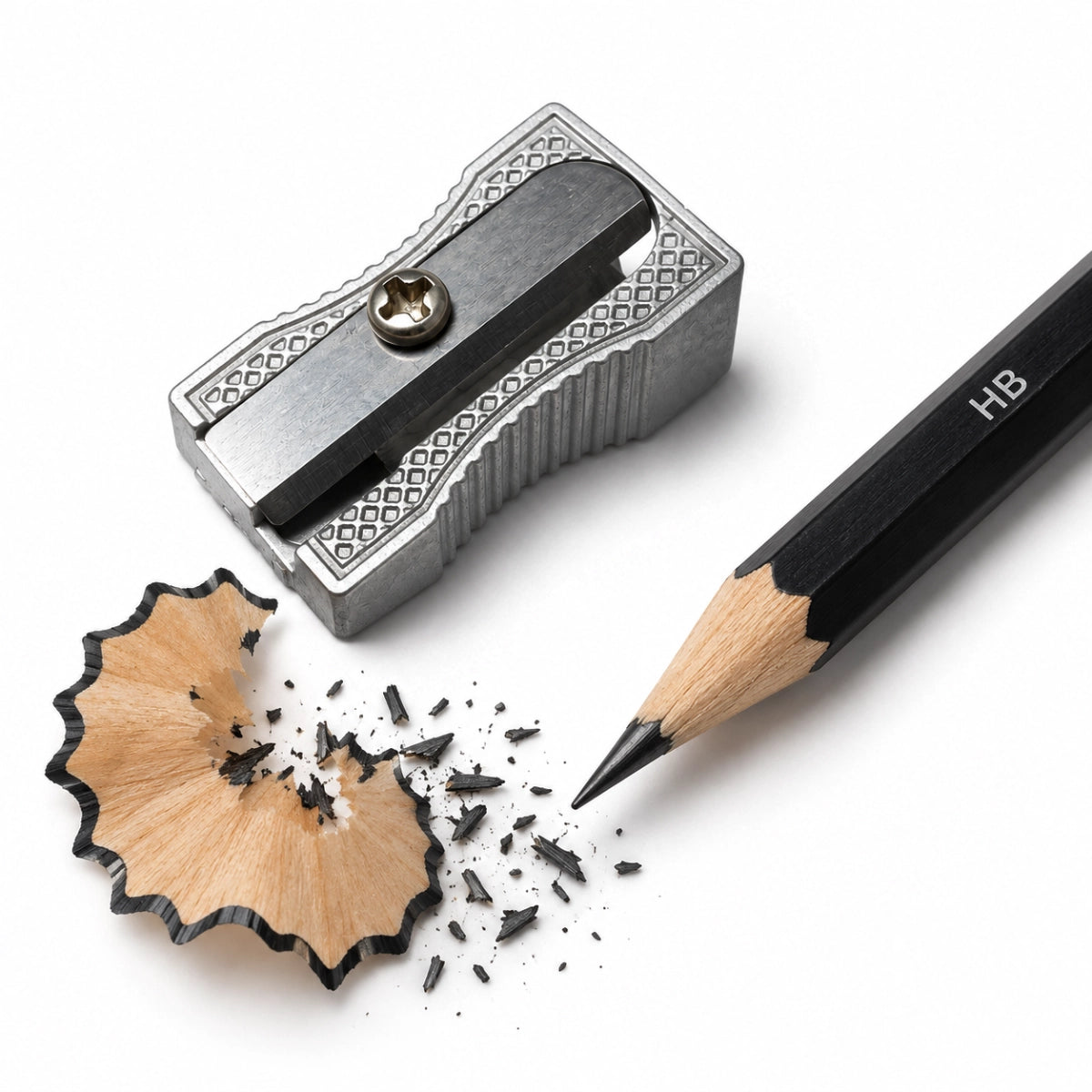 Aluminium wedge pencil sharpener with pencil shavings