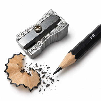 Aluminium wedge pencil sharpener with pencil shavings