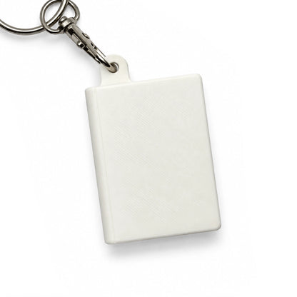 Mini book keyring blank, white 3D printed, with split ring and clasp